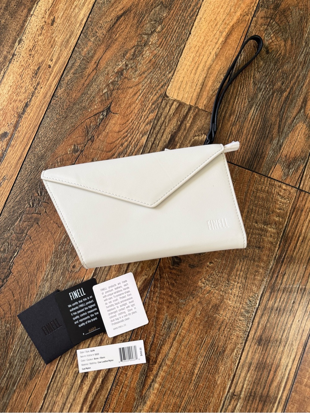 Finell White Leather Envelope Wristlet Clutch with Wrist Strap